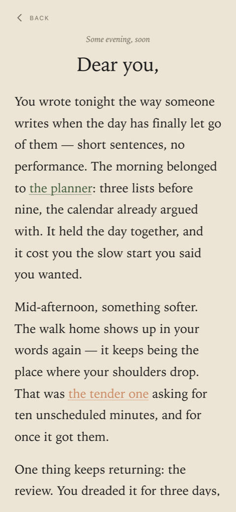 An evening letter in Ori beginning 'Dear you' — short paragraphs reflecting the day back in plain words