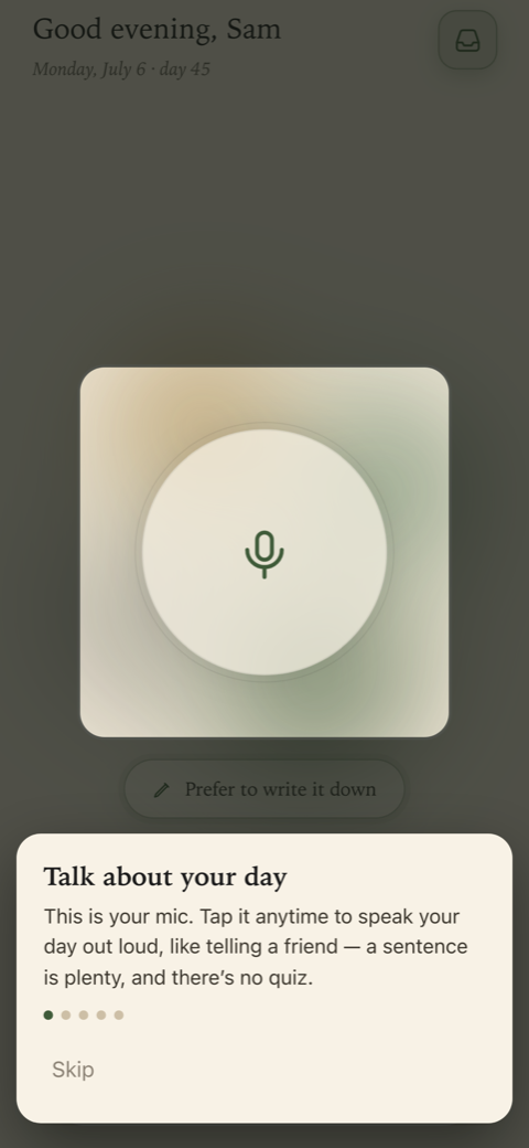 Ori's Today screen — a single microphone button, with a card reading 'Talk about your day: this is your mic, tap it anytime to speak your day out loud, like telling a friend — a sentence is plenty, and there's no quiz'